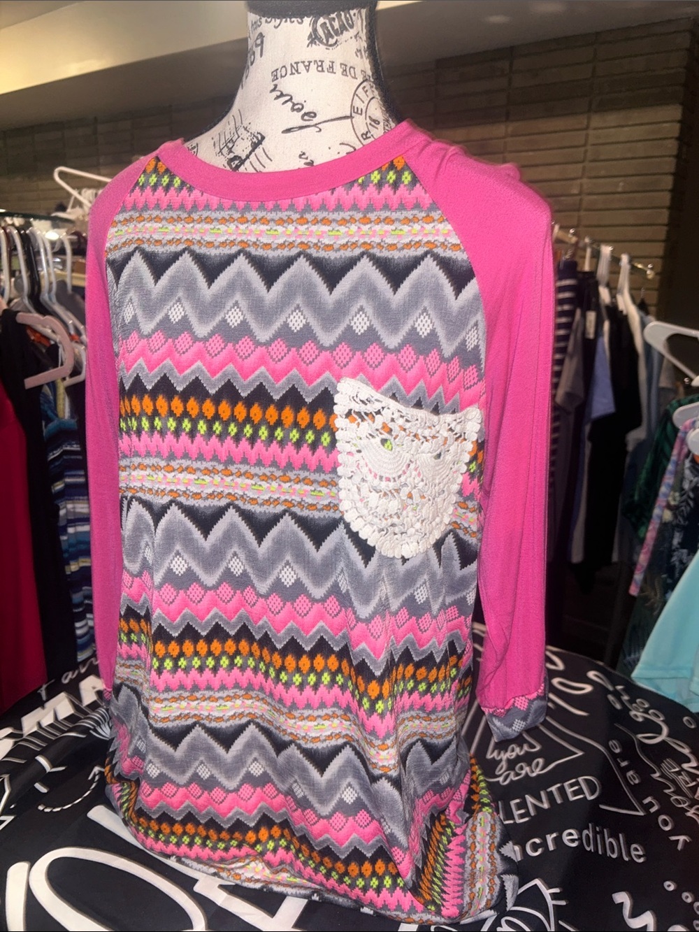 Cezanne large Pink Patterned Long Sleeve Top with Lace Pocket